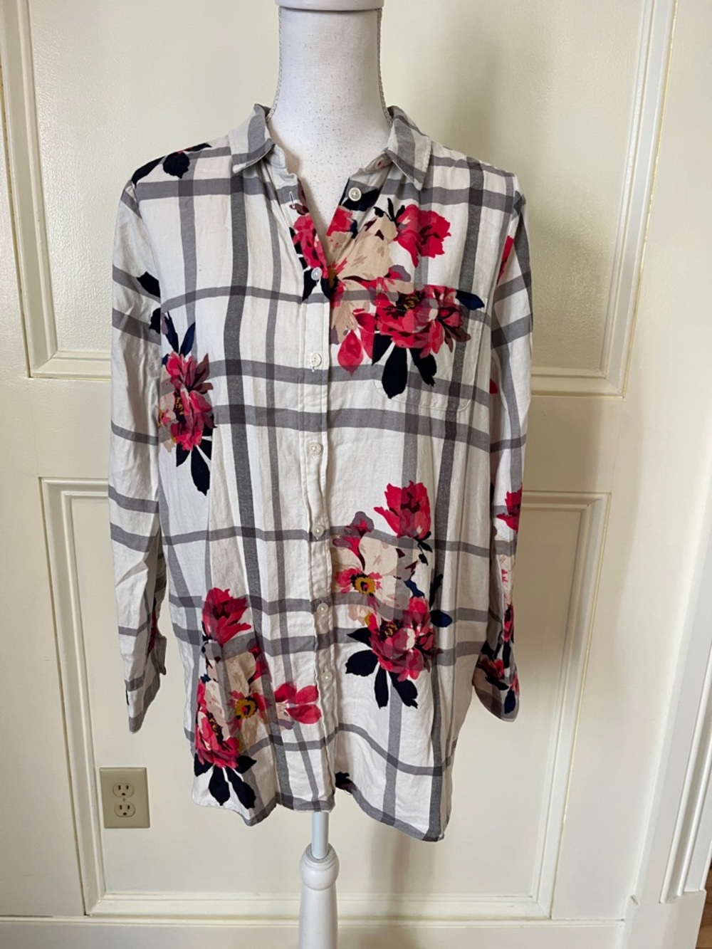 Joules White Gray Plaid Button-Down Shirt with Pink Floral Accents